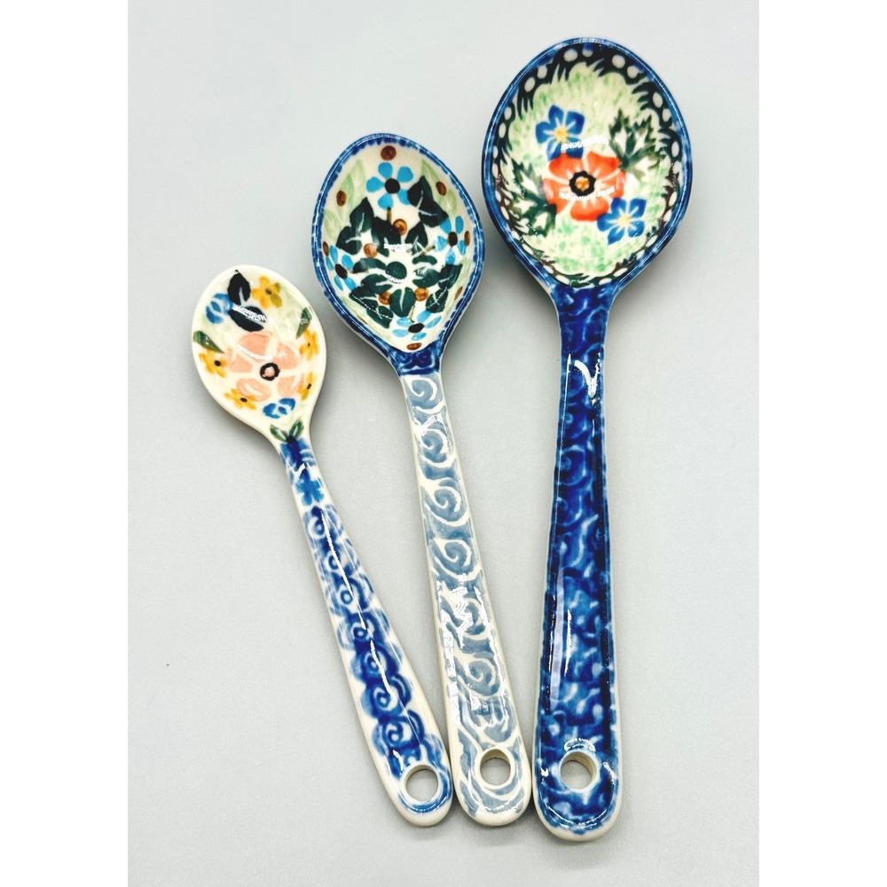Polish Pottery Sugar Condiment Spoon Blue Floral Ceramic Set of 3 Boleslawiec